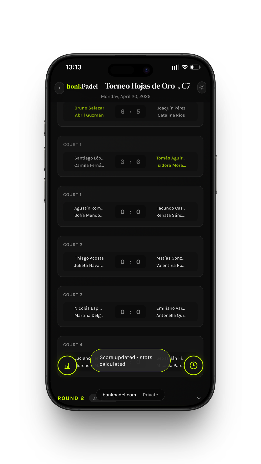 Mobile Schedule - Vista móvil del fixture en BonkPadel