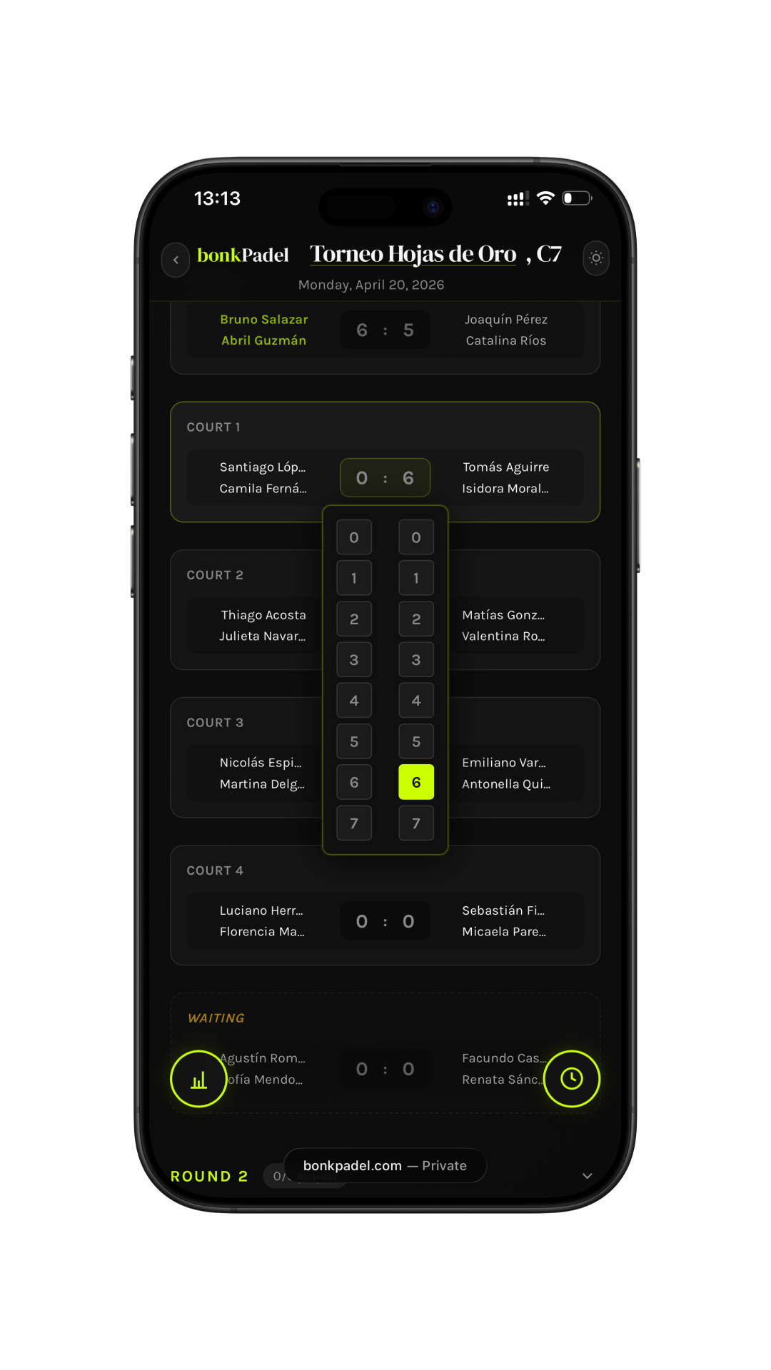 Score Entry - Carga de resultados desde el celular en BonkPadel